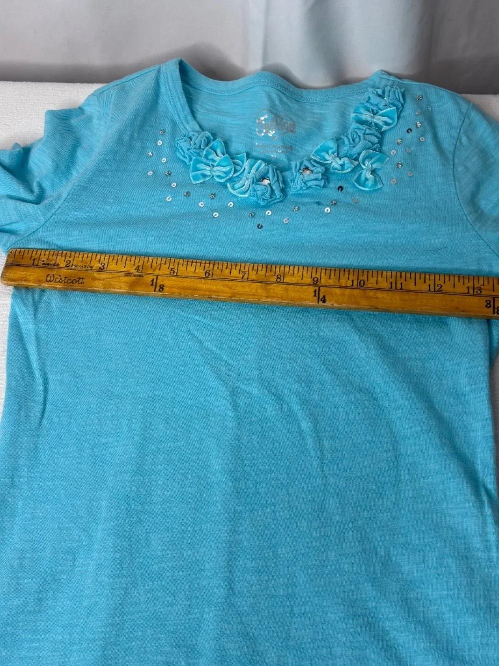 Vintage Justice Blue W/Bows/Flowers/Sequin Long Sleeve Shirt Size 10 Girl's EUC